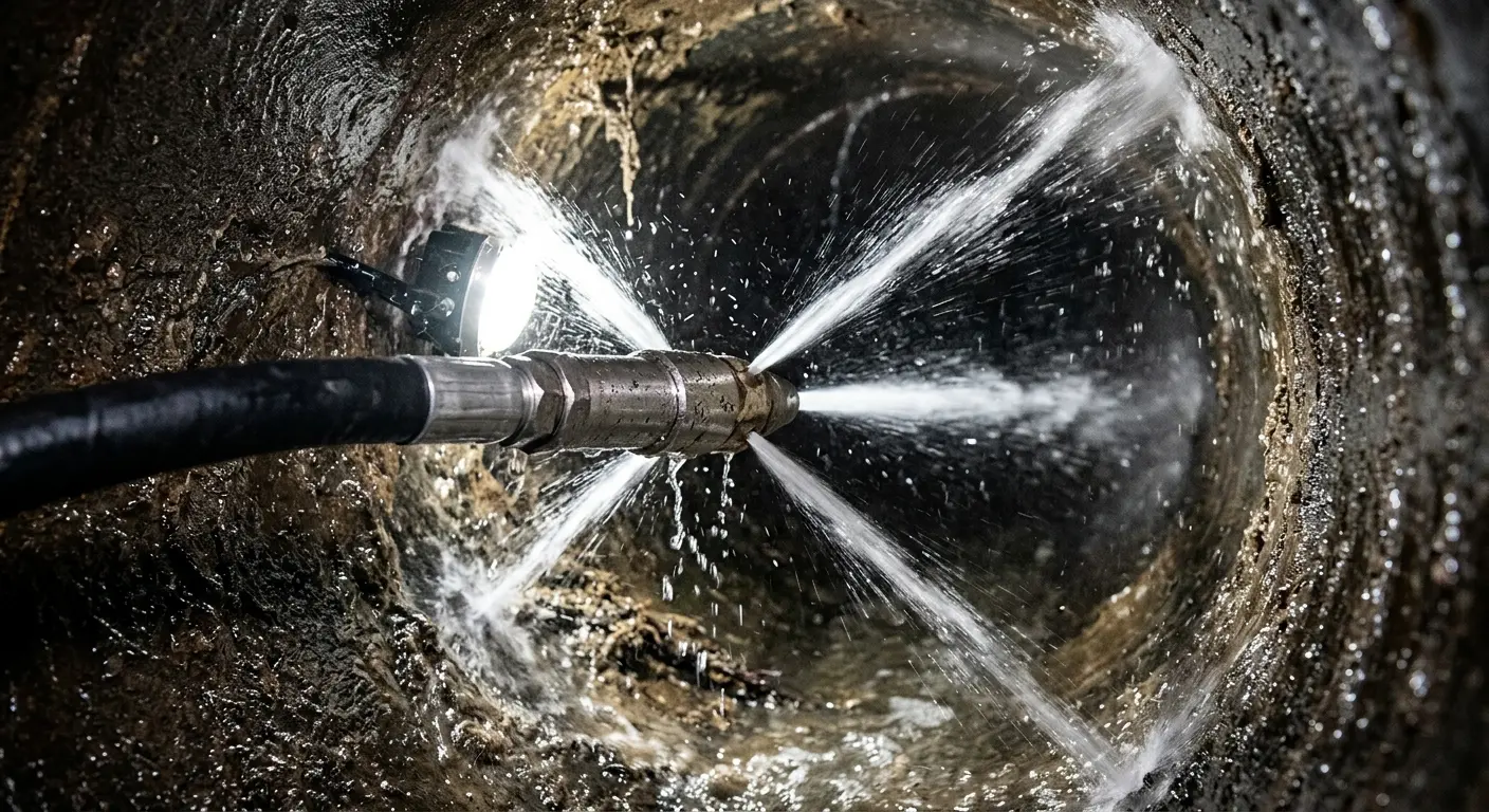 High-pressure hydro jetting nozzle cleaning sewer pipe for Trenchless Sewer Repair in Perryton
