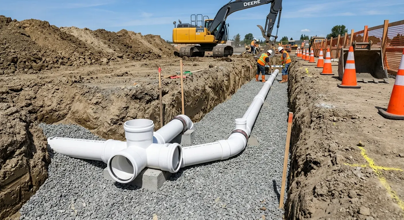 New PVC sewer pipe installation in open trench for Commercial Drain Cleaning in Perryton