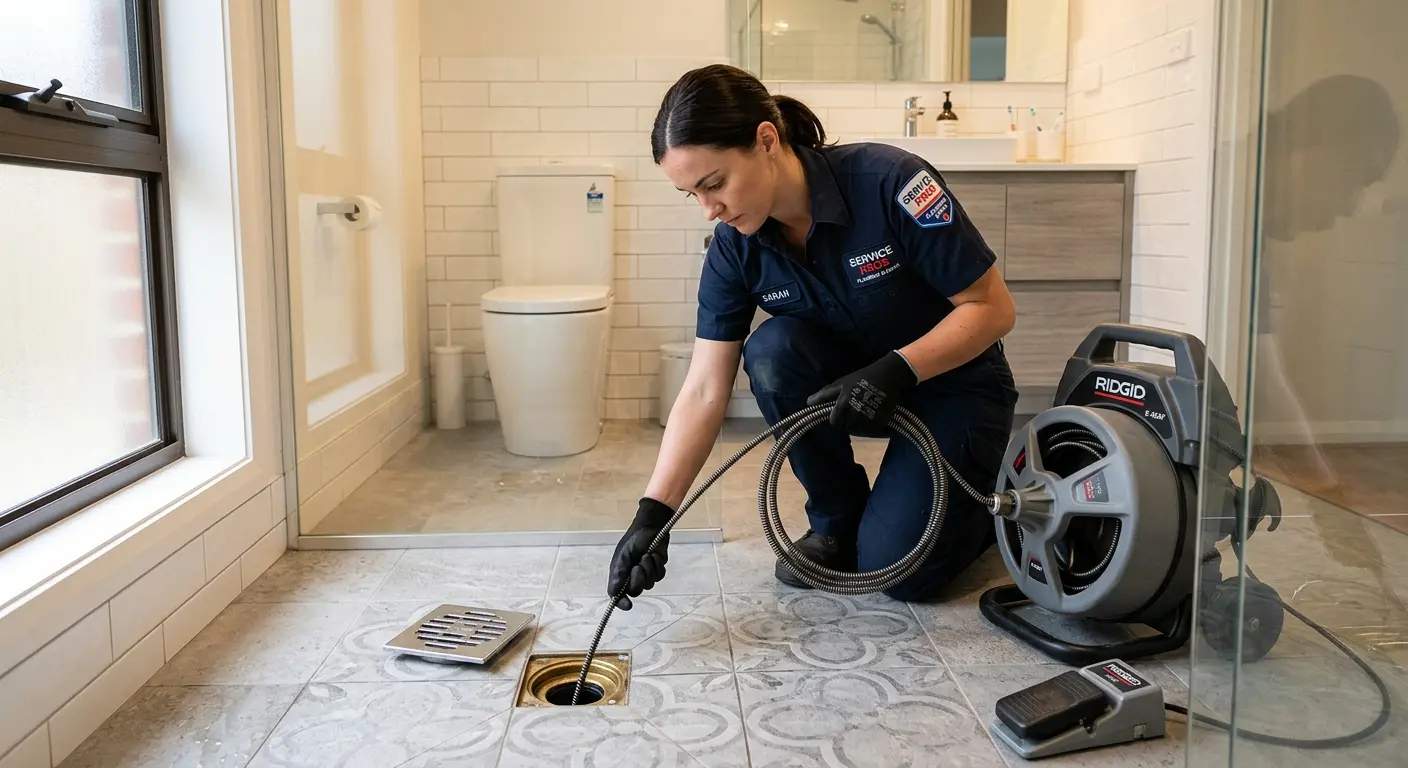 Technician clearing a bathroom floor drain for Sewer Line Replacement in Perryton